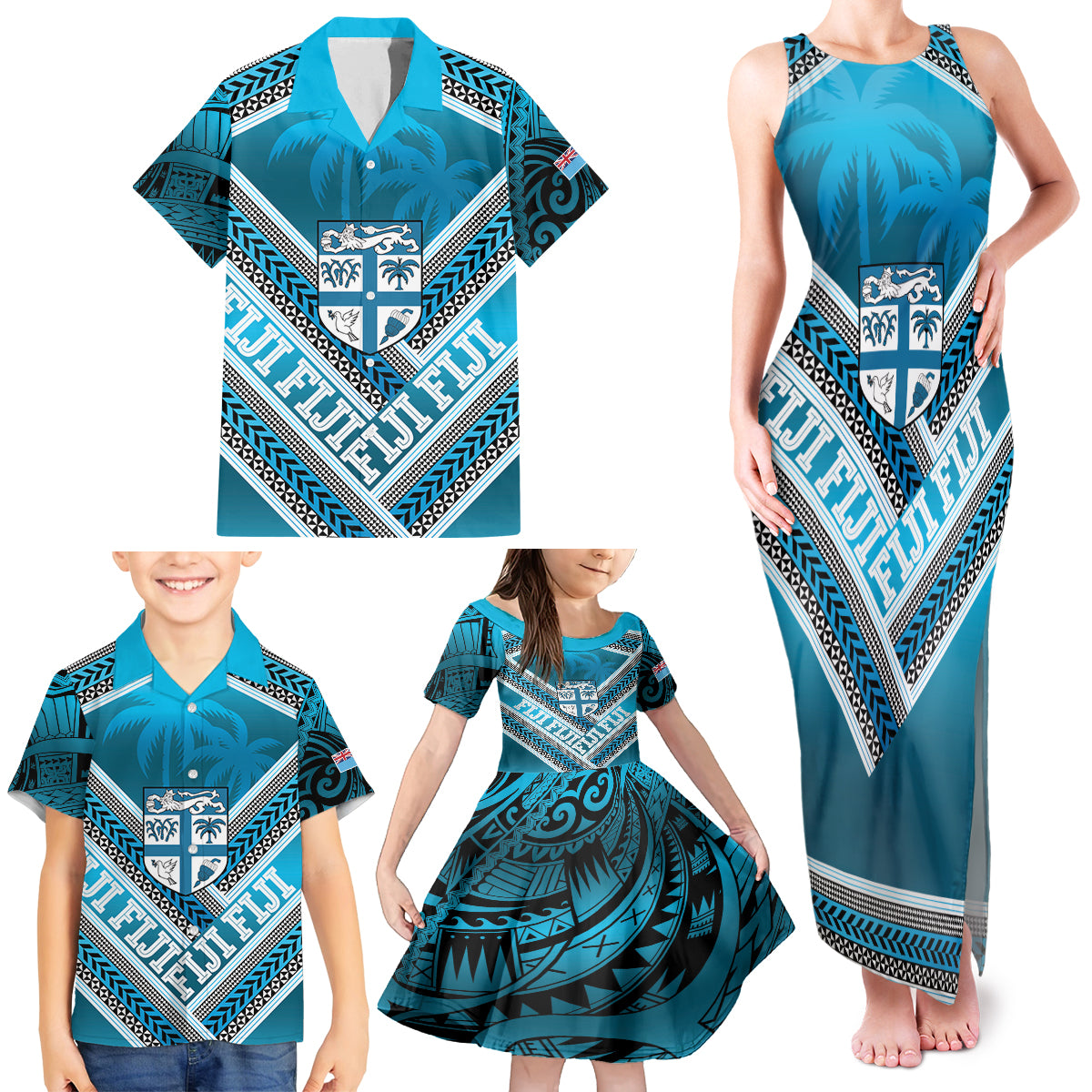 Custom Fiji Rugby Family Matching Tank Maxi Dress and Hawaiian Shirt Fijian Warrior With Polynesian Tribal Tattoos LT9 - Polynesian Pride