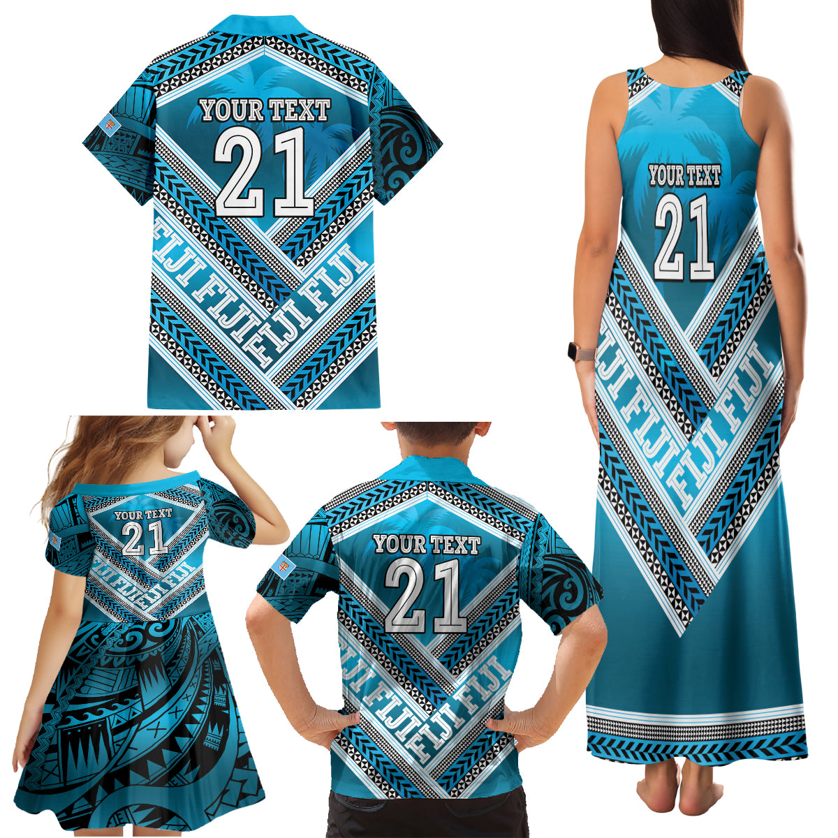 Custom Fiji Rugby Family Matching Tank Maxi Dress and Hawaiian Shirt Fijian Warrior With Polynesian Tribal Tattoos LT9 - Polynesian Pride