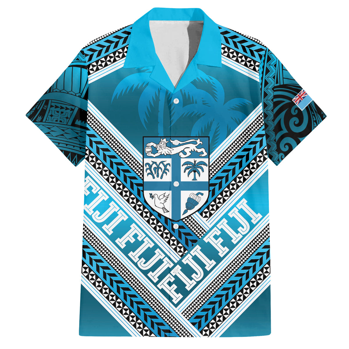 Custom Fiji Rugby Family Matching Tank Maxi Dress and Hawaiian Shirt Fijian Warrior With Polynesian Tribal Tattoos LT9 Dad's Shirt - Short Sleeve Blue - Polynesian Pride