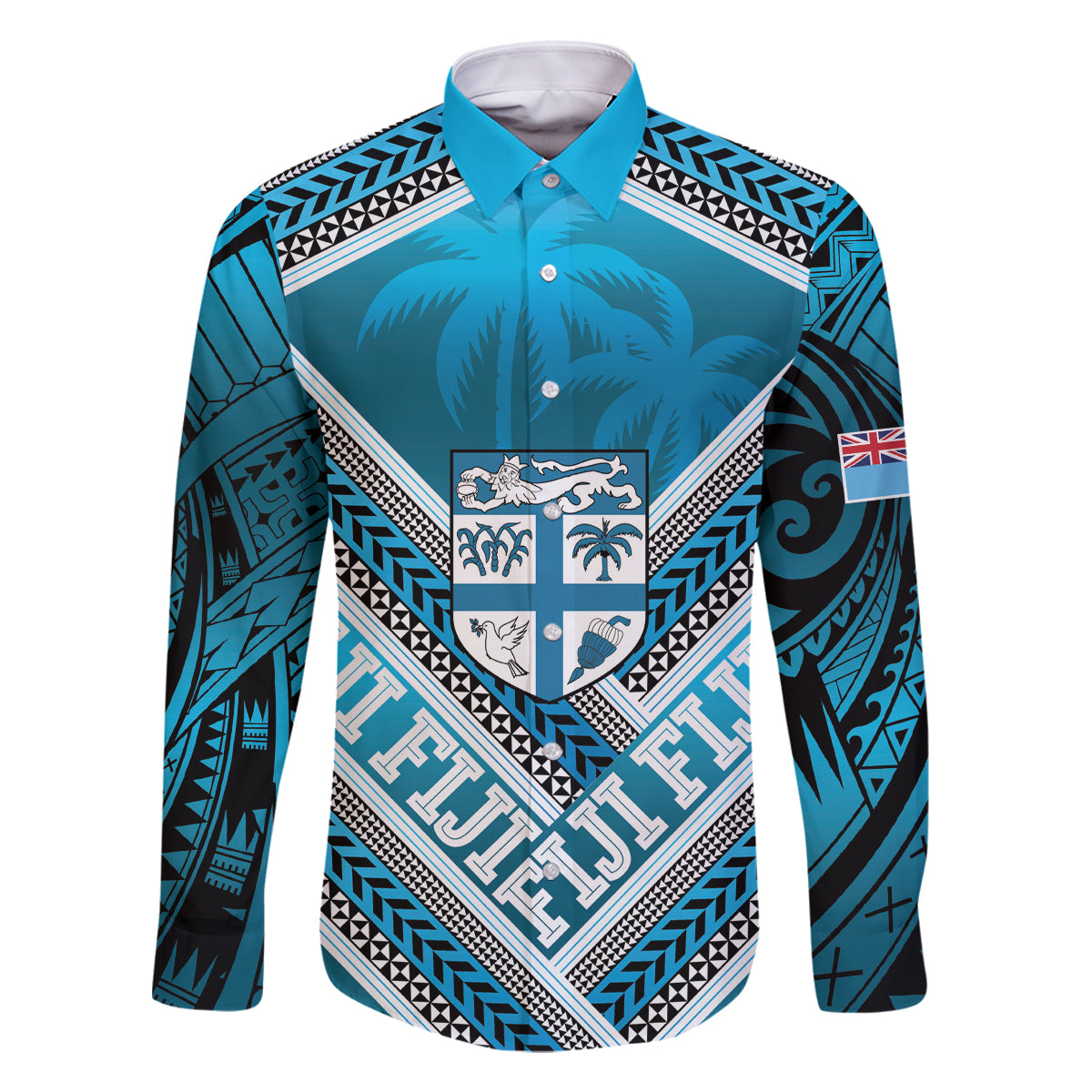 Custom Fiji Rugby Family Matching Tank Maxi Dress and Hawaiian Shirt Fijian Warrior With Polynesian Tribal Tattoos LT9 Dad's Shirt - Long Sleeve Blue - Polynesian Pride
