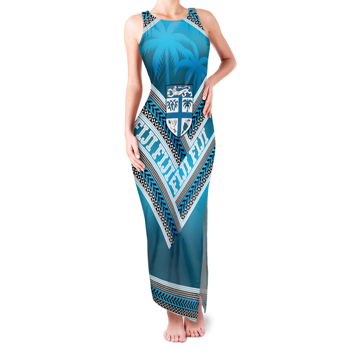 Custom Fiji Rugby Family Matching Tank Maxi Dress and Hawaiian Shirt Fijian Warrior With Polynesian Tribal Tattoos LT9 Mom's Dress Blue - Polynesian Pride