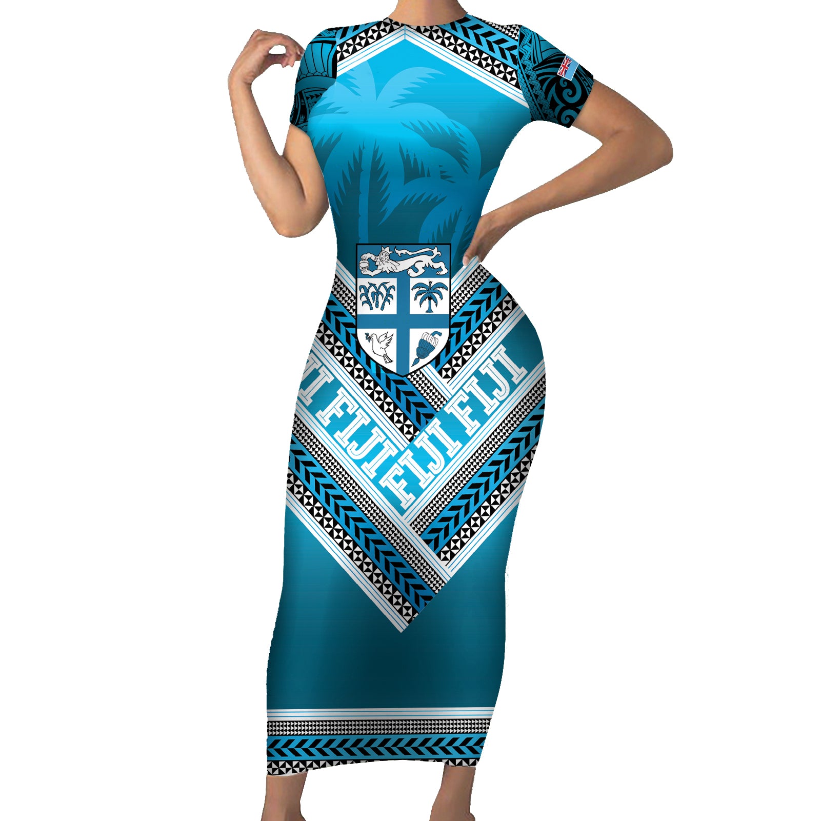 Custom Fiji Rugby Short Sleeve Bodycon Dress Fijian Warrior With Polynesian Tribal Tattoos