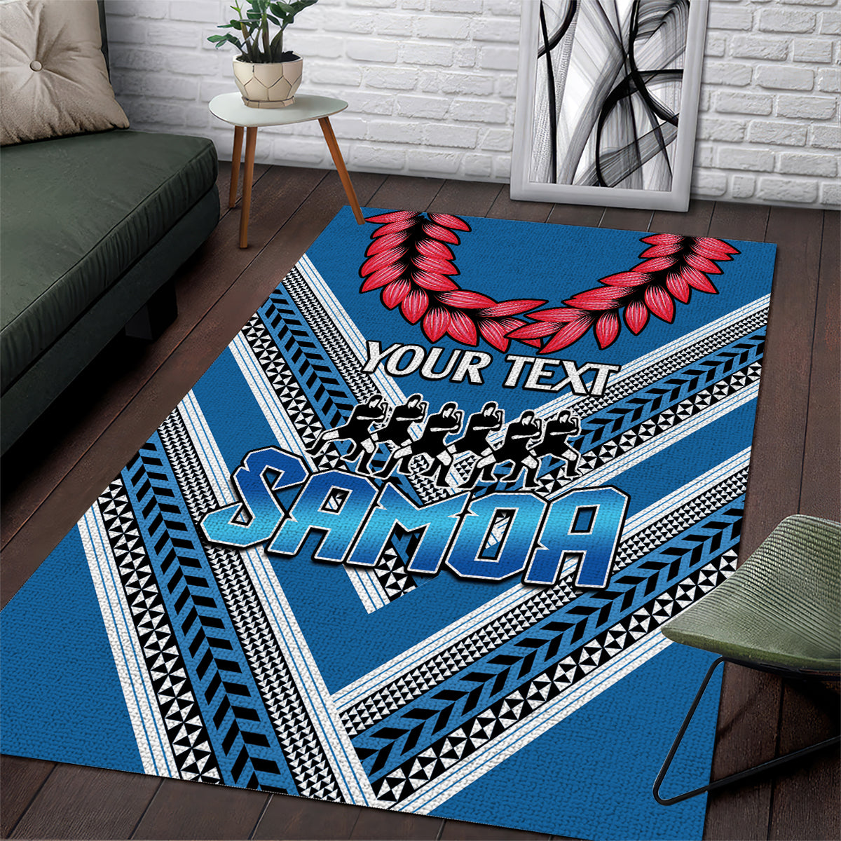 Custom Manuma Samoa Rugby Area Rug Ula fala Samoan Siva Tau Tribal LT9 Blue - Polynesian Pride
