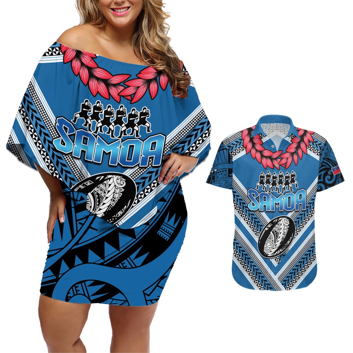 Custom Manuma Samoa Rugby Couples Matching Off Shoulder Short Dress and Hawaiian Shirt Ula fala Samoan Siva Tau Tribal LT9 Blue - Polynesian Pride