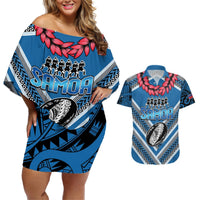 Custom Manuma Samoa Rugby Couples Matching Off Shoulder Short Dress and Hawaiian Shirt Ula fala Samoan Siva Tau Tribal LT9 Blue - Polynesian Pride