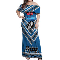 Custom Manuma Samoa Rugby Off Shoulder Maxi Dress Ula fala Samoan Siva Tau Tribal LT9 Women Blue - Polynesian Pride