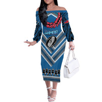 Custom Manuma Samoa Rugby Off The Shoulder Long Sleeve Dress Ula fala Samoan Siva Tau Tribal LT9 Women Blue - Polynesian Pride
