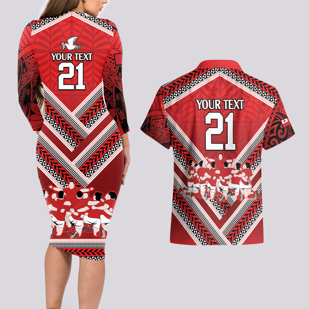 Custom Tonga Rugby Couples Matching Long Sleeve Bodycon Dress and Hawaiian Shirt Tonga Sipi Tau Ngatu Tribal Pattern