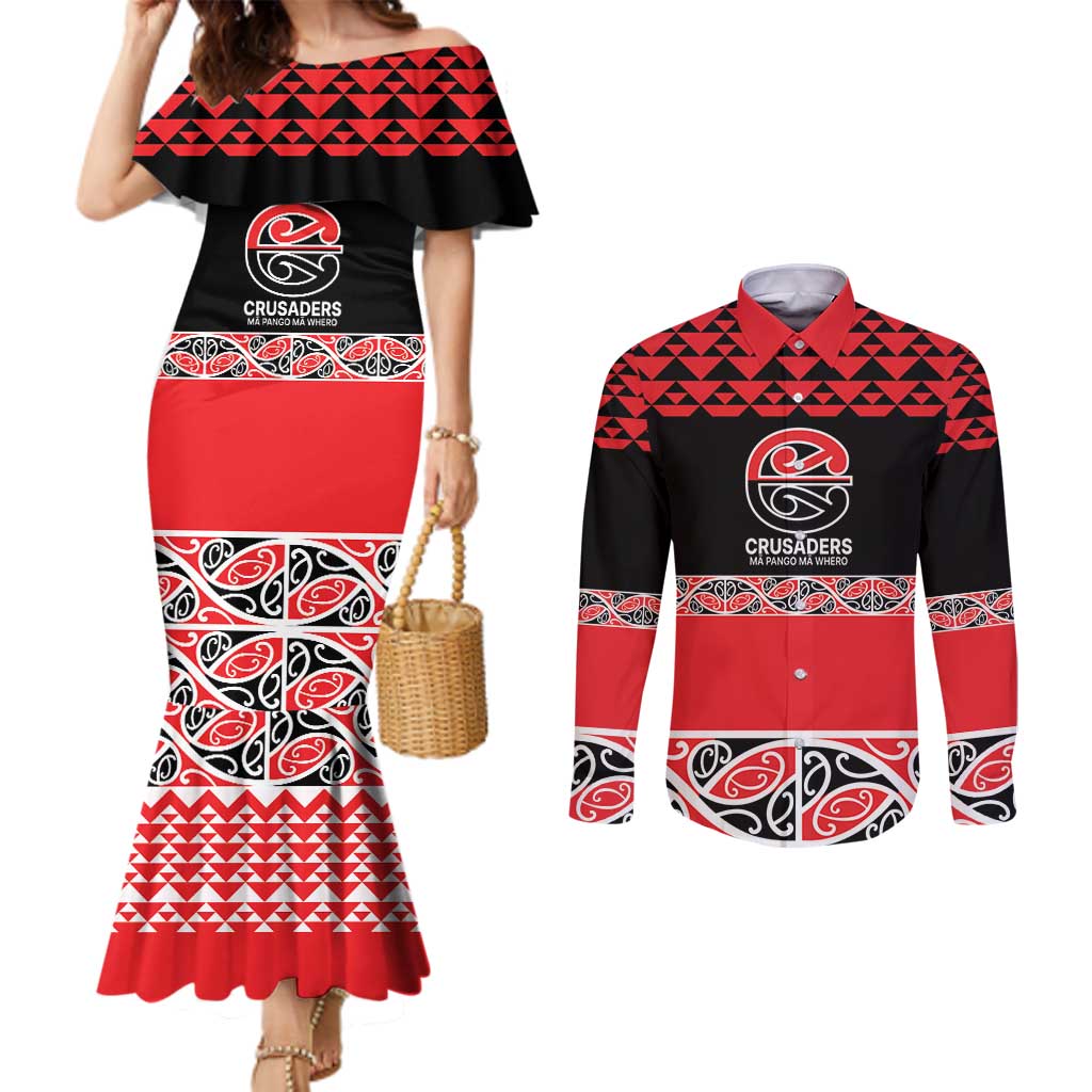 New Zealand Rugby Pacific Custom Couples Matching Mermaid Dress and Long Sleeve Button Shirt Whatumoana Maori Kowhaiwhai Pattern