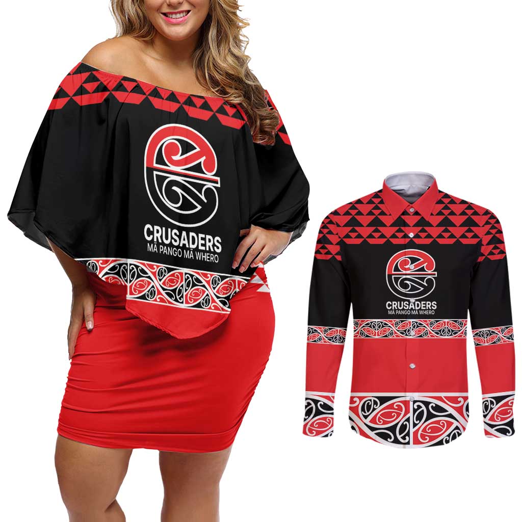 New Zealand Rugby Pacific Custom Couples Matching Off Shoulder Short Dress and Long Sleeve Button Shirt Whatumoana Maori Kowhaiwhai Pattern