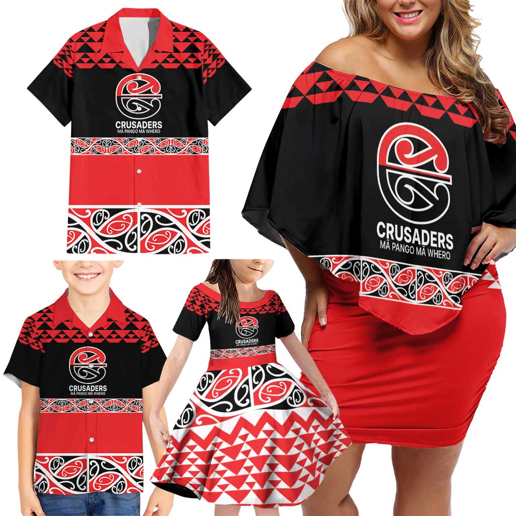 New Zealand Rugby Pacific Custom Family Matching Off Shoulder Short Dress and Hawaiian Shirt Whatumoana Maori Kowhaiwhai Pattern