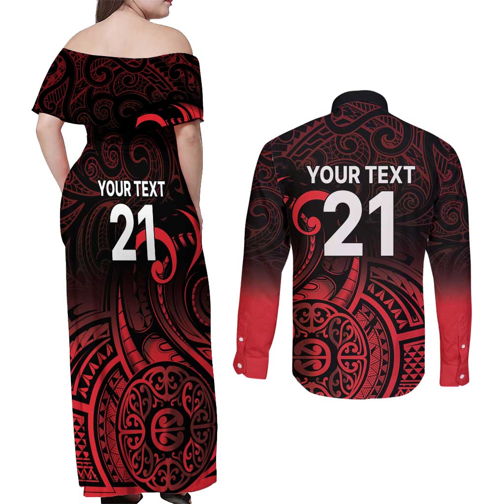 New Zealand Rugby Pacific Custom Couples Matching Off Shoulder Maxi Dress and Long Sleeve Button Shirt Whatumoana Maori Tribal Tattoo