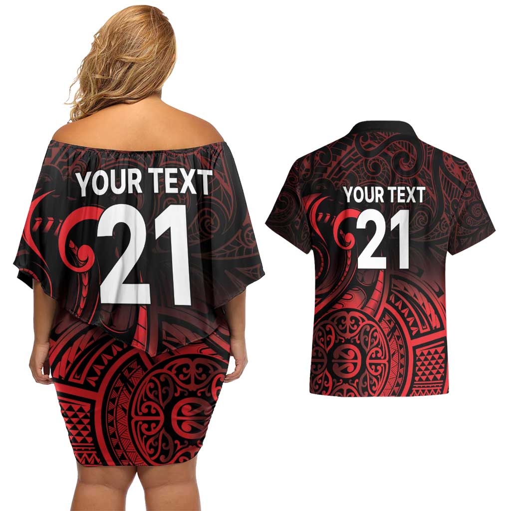 New Zealand Rugby Pacific Custom Couples Matching Off Shoulder Short Dress and Hawaiian Shirt Whatumoana Maori Tribal Tattoo