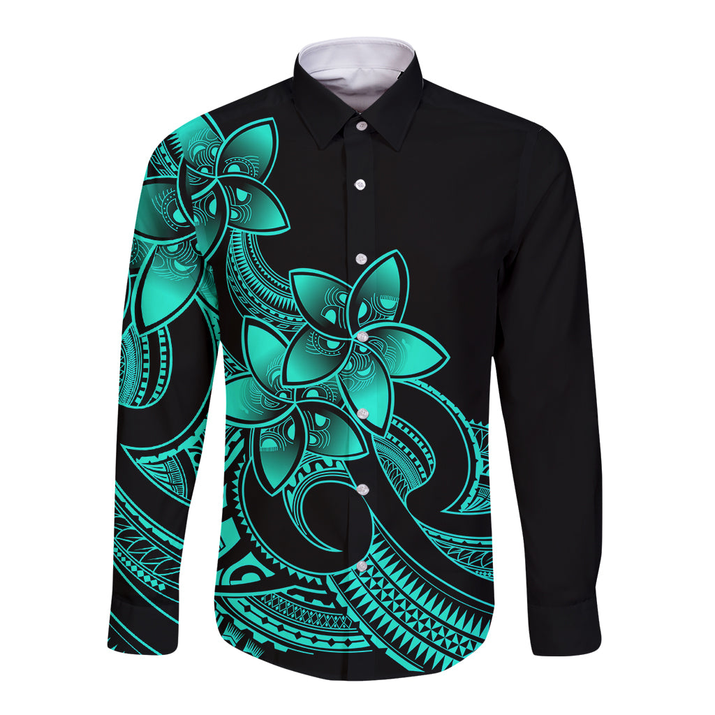 Polynesian Pride Plumeria Flowers Long Sleeve Button Shirt Polynesian Tribal Aqua Vibe LT9 Unisex Aqua - Polynesian Pride