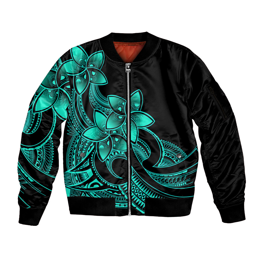 Polynesian Pride Plumeria Flowers Sleeve Zip Bomber Jacket Polynesian Tribal Aqua Vibe LT9 Unisex Aqua - Polynesian Pride