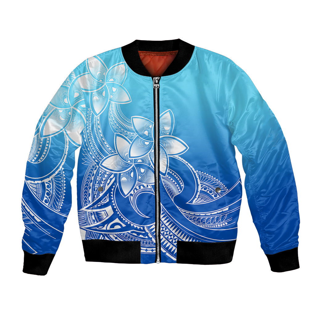 Polynesian Pride Plumeria Flowers Bomber Jacket Polynesian Tribal Gradient Blue LT9 Unisex Blue - Polynesian Pride