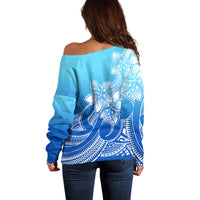 Polynesian Pride Plumeria Flowers Off Shoulder Sweater Polynesian Tribal Gradient Blue LT9 - Polynesian Pride