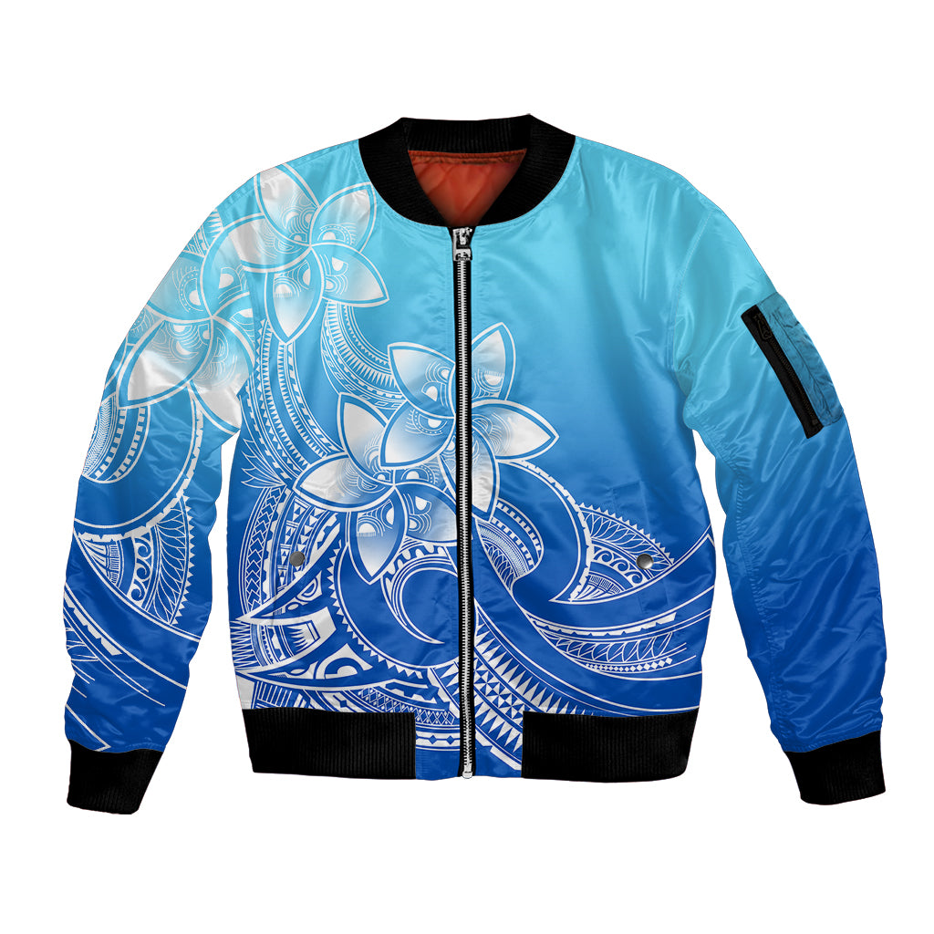 Polynesian Pride Plumeria Flowers Sleeve Zip Bomber Jacket Polynesian Tribal Gradient Blue LT9 Unisex Blue - Polynesian Pride