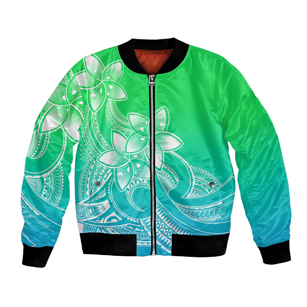 Polynesian Pride Plumeria Flowers Bomber Jacket Polynesian Tribal Gradient Green LT9 Unisex Green - Polynesian Pride
