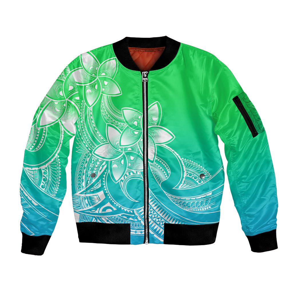 Polynesian Pride Plumeria Flowers Sleeve Zip Bomber Jacket Polynesian Tribal Gradient Green LT9 Unisex Green - Polynesian Pride