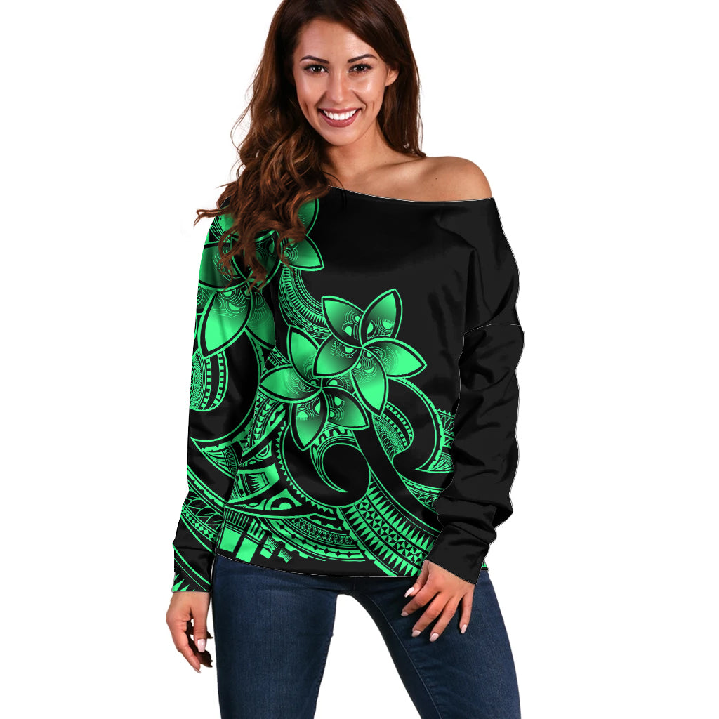 Polynesian Pride Plumeria Flowers Off Shoulder Sweater Polynesian Tribal Green Vibe LT9 Women Green - Polynesian Pride