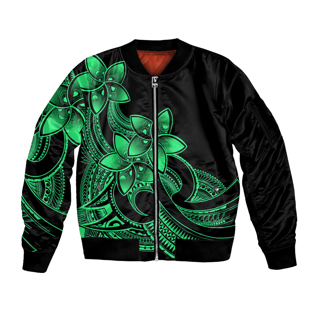 Polynesian Pride Plumeria Flowers Sleeve Zip Bomber Jacket Polynesian Tribal Green Vibe LT9 Unisex Green - Polynesian Pride