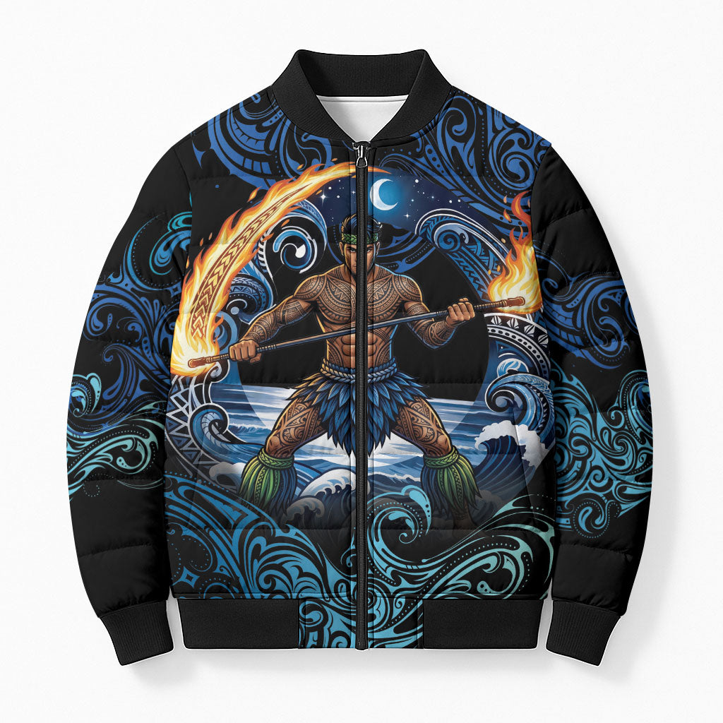 Samoa Siva Afi Bomber Puffer Jacket Fireknife Fire Dance Pacific Tribal Motif