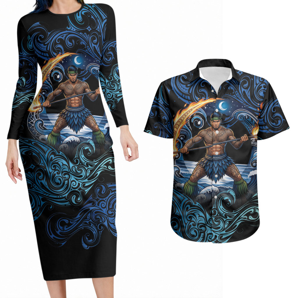 Samoa Siva Afi Couples Matching Long Sleeve Bodycon Dress and Hawaiian Shirt Fireknife Fire Dance Pacific Tribal Motif LT9 Blue - Polynesian Pride