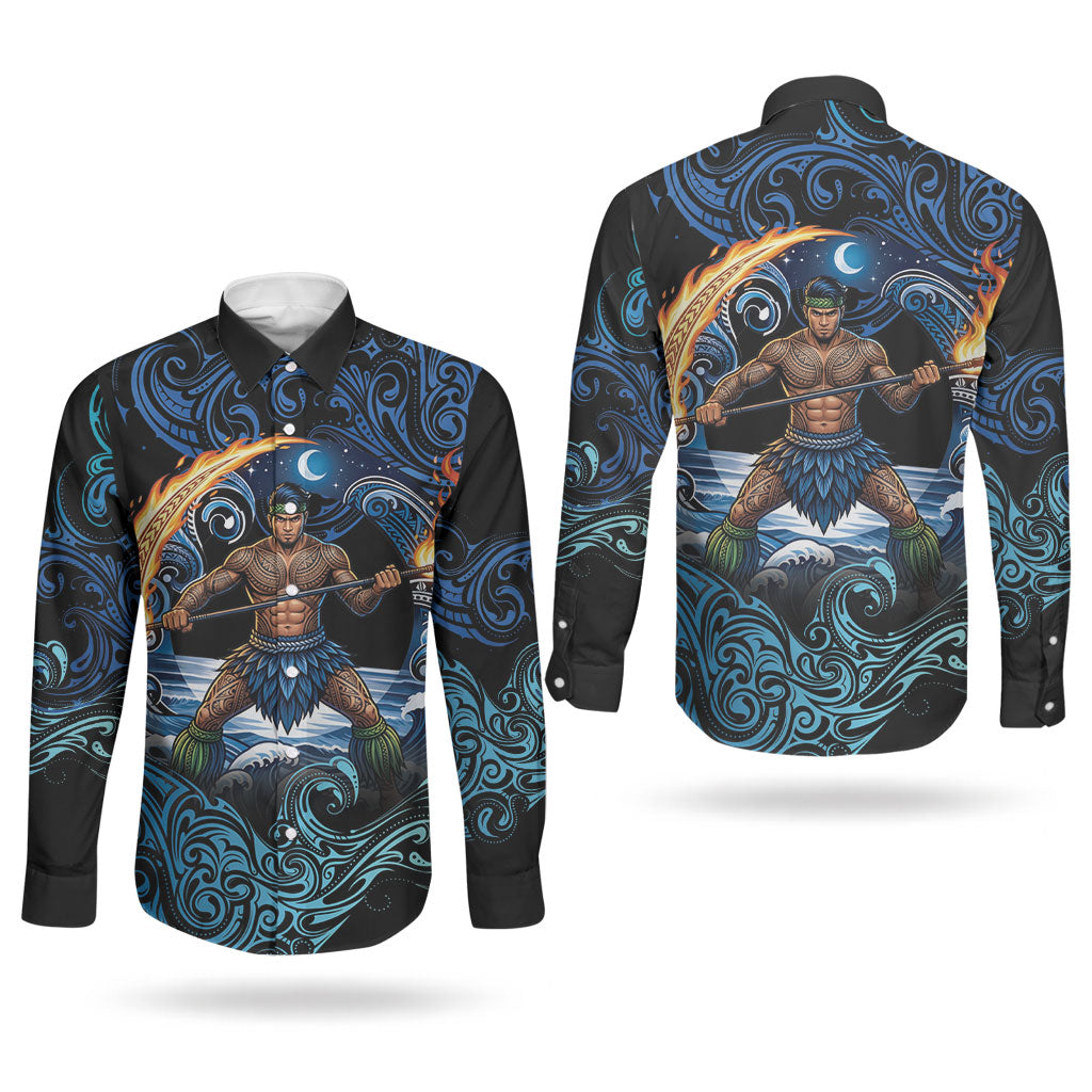 Samoa Siva Afi Couples Matching Off Shoulder Short Dress and Long Sleeve Button Shirt Fireknife Fire Dance Pacific Tribal Motif