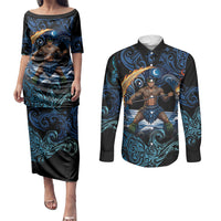 Samoa Siva Afi Couples Matching Puletasi and Long Sleeve Button Shirt Fireknife Fire Dance Pacific Tribal Motif