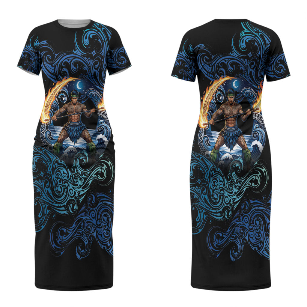 Samoa Siva Afi Couples Matching Short Sleeve Bodycon Dress and Hawaiian Shirt Fireknife Fire Dance Pacific Tribal Motif