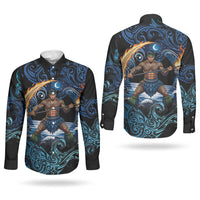 Samoa Siva Afi Couples Matching Tank Maxi Dress and Long Sleeve Button Shirt Fireknife Fire Dance Pacific Tribal Motif