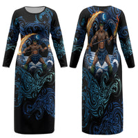 Samoa Siva Afi Family Matching Long Sleeve Bodycon Dress and Hawaiian Shirt Fireknife Fire Dance Pacific Tribal Motif LT9 Mom's Dress Blue - Polynesian Pride