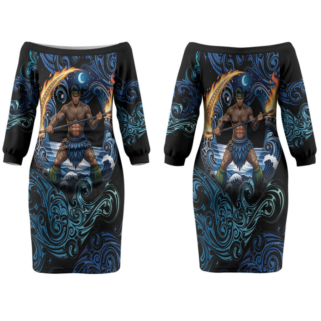 Samoa Siva Afi Family Matching Off The Shoulder Long Sleeve Dress and Hawaiian Shirt Fireknife Fire Dance Pacific Tribal Motif LT9 Mom's Dress Blue - Polynesian Pride