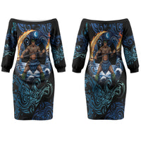 Samoa Siva Afi Family Matching Off The Shoulder Long Sleeve Dress and Hawaiian Shirt Fireknife Fire Dance Pacific Tribal Motif LT9 Mom's Dress Blue - Polynesian Pride