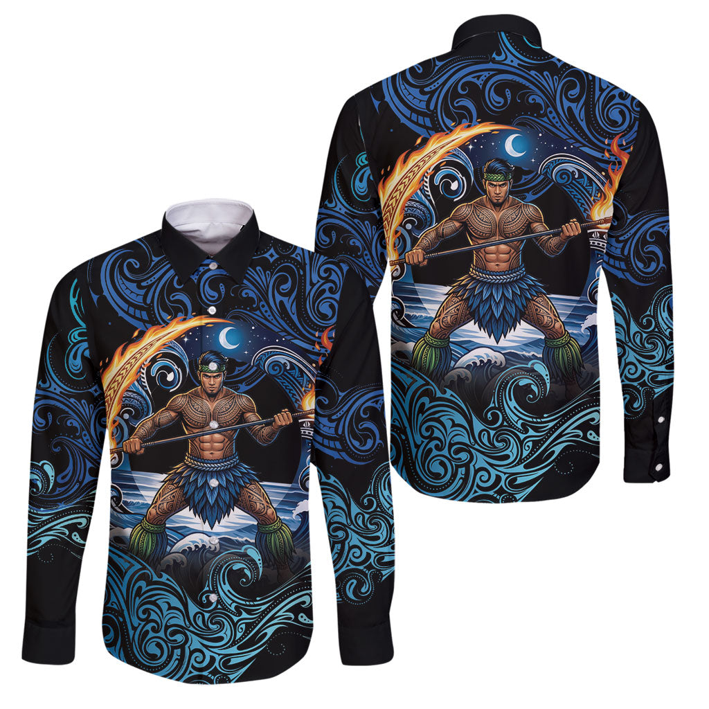 Samoa Siva Afi Family Matching Off The Shoulder Long Sleeve Dress and Hawaiian Shirt Fireknife Fire Dance Pacific Tribal Motif LT9 Dad's Shirt - Long Sleeve Blue - Polynesian Pride