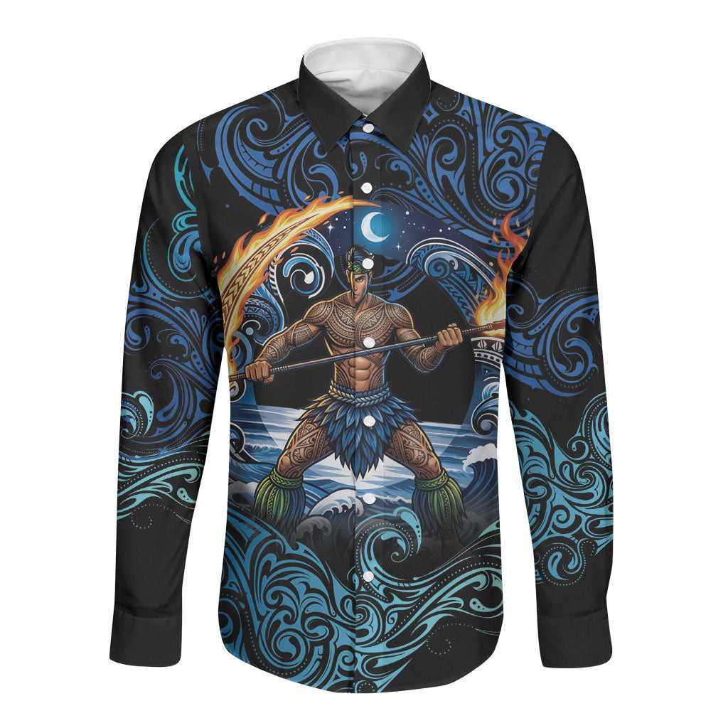Samoa Siva Afi Long Sleeve Button Shirt Fireknife Fire Dance Pacific Tribal Motif