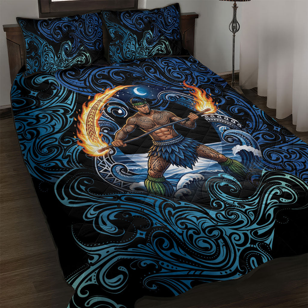 Samoa Siva Afi Quilt Bed Set Fireknife Fire Dance Pacific Tribal Motif LT9 Blue - Polynesian Pride