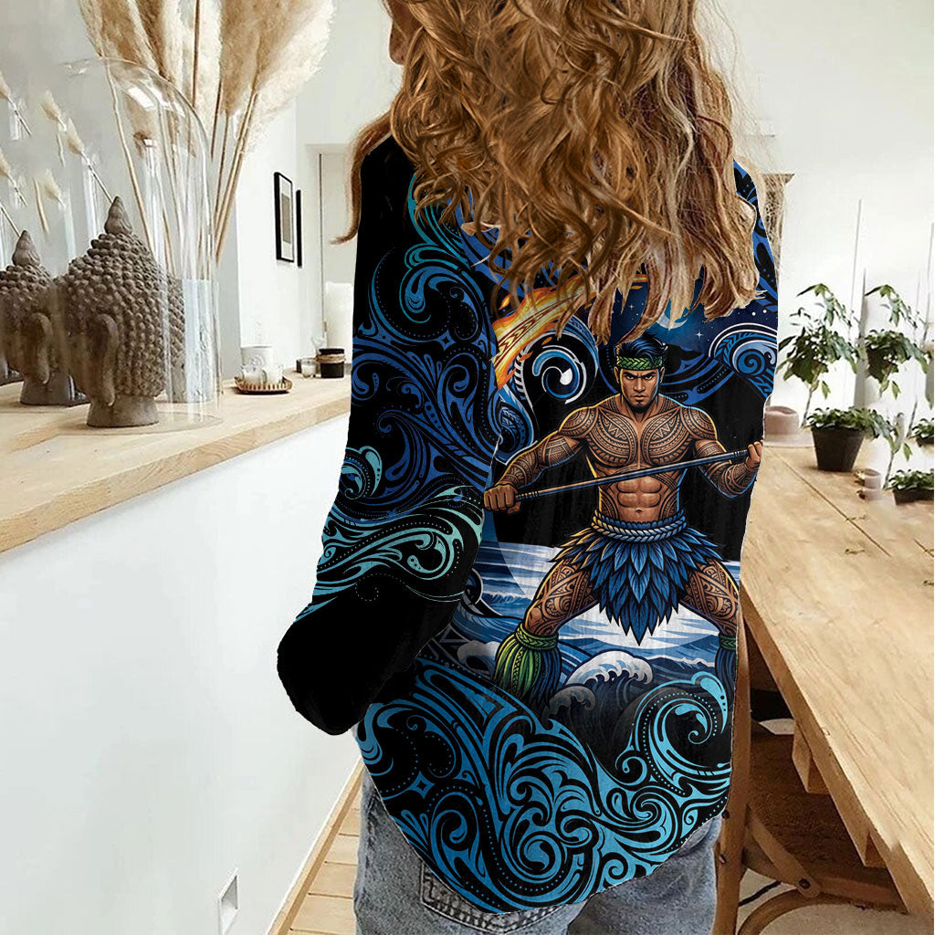 Samoa Siva Afi Women Casual Shirt Fireknife Fire Dance Pacific Tribal Motif