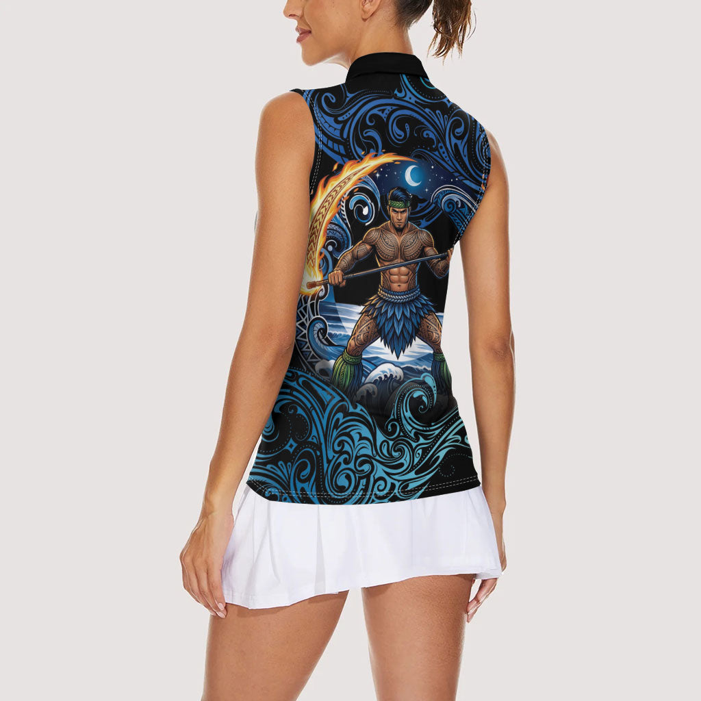 Samoa Siva Afi Women Sleeveless Polo Shirt Fireknife Fire Dance Pacific Tribal Motif