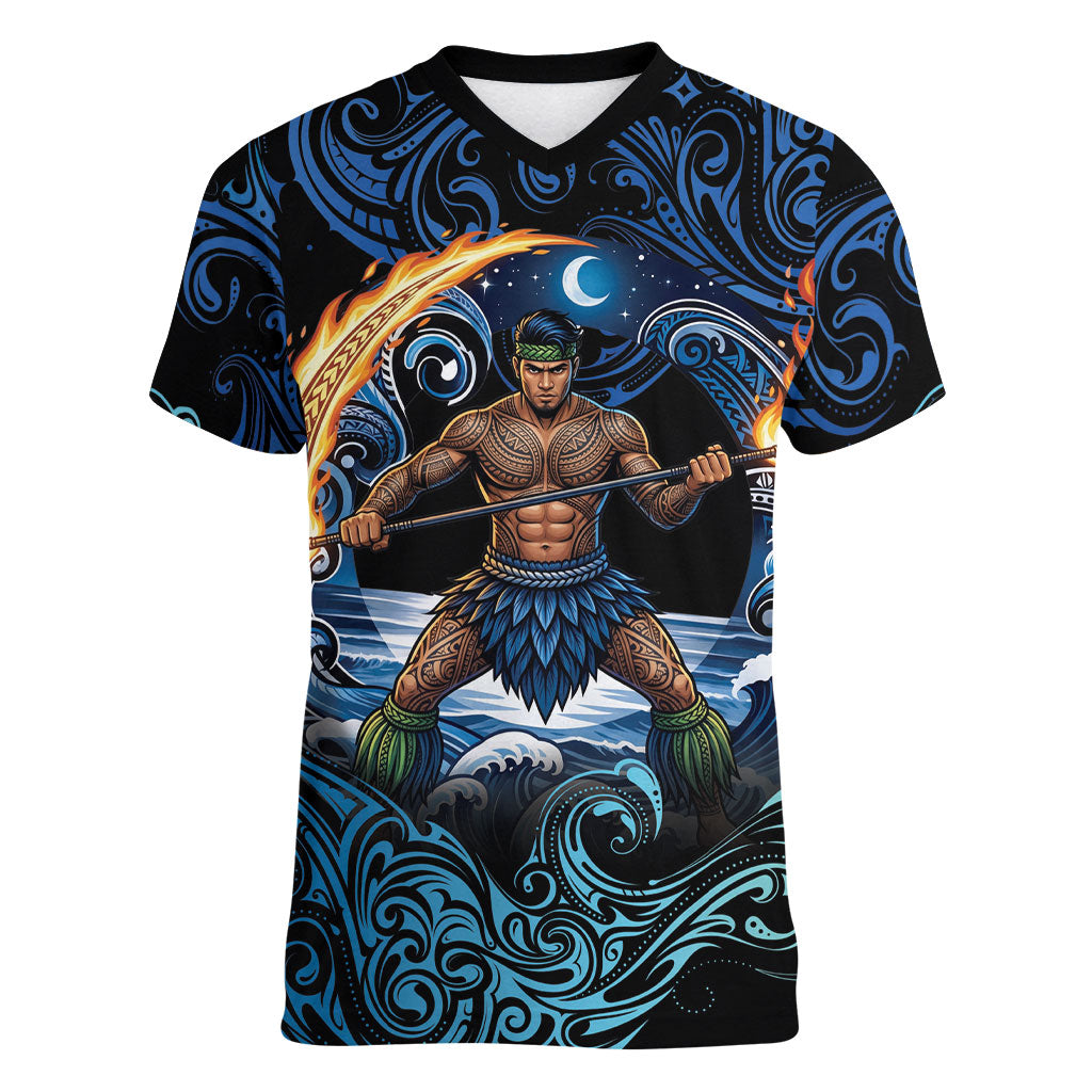 Samoa Siva Afi Women V-Neck T-Shirt Fireknife Fire Dance Pacific Tribal Motif