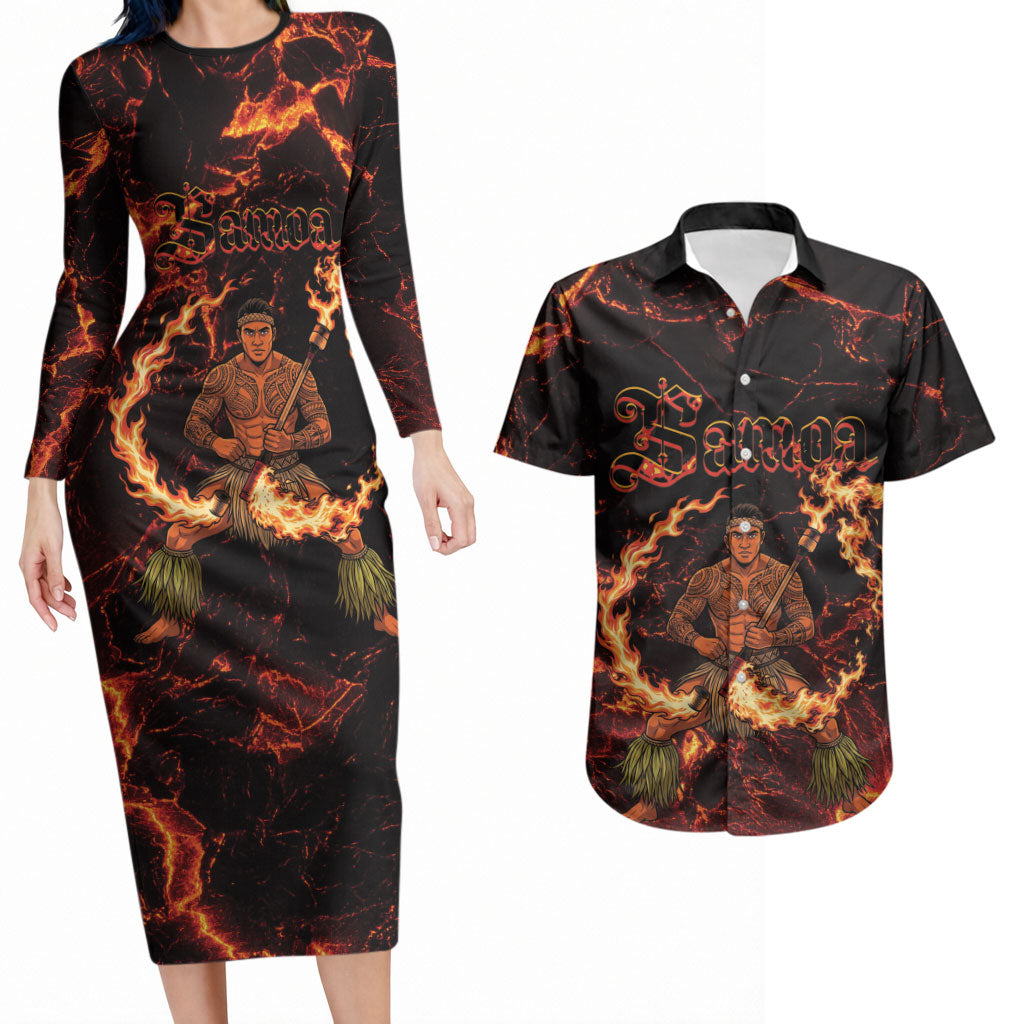 Samoa Siva Afi Dance Fireknife Couples Matching Long Sleeve Bodycon Dress and Hawaiian Shirt Polynesian Heritage Fire Dance LT9 Black - Polynesian Pride