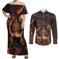 Samoa Siva Afi Dance Fireknife Couples Matching Off Shoulder Maxi Dress and Long Sleeve Button Shirt Polynesian Heritage Fire Dance