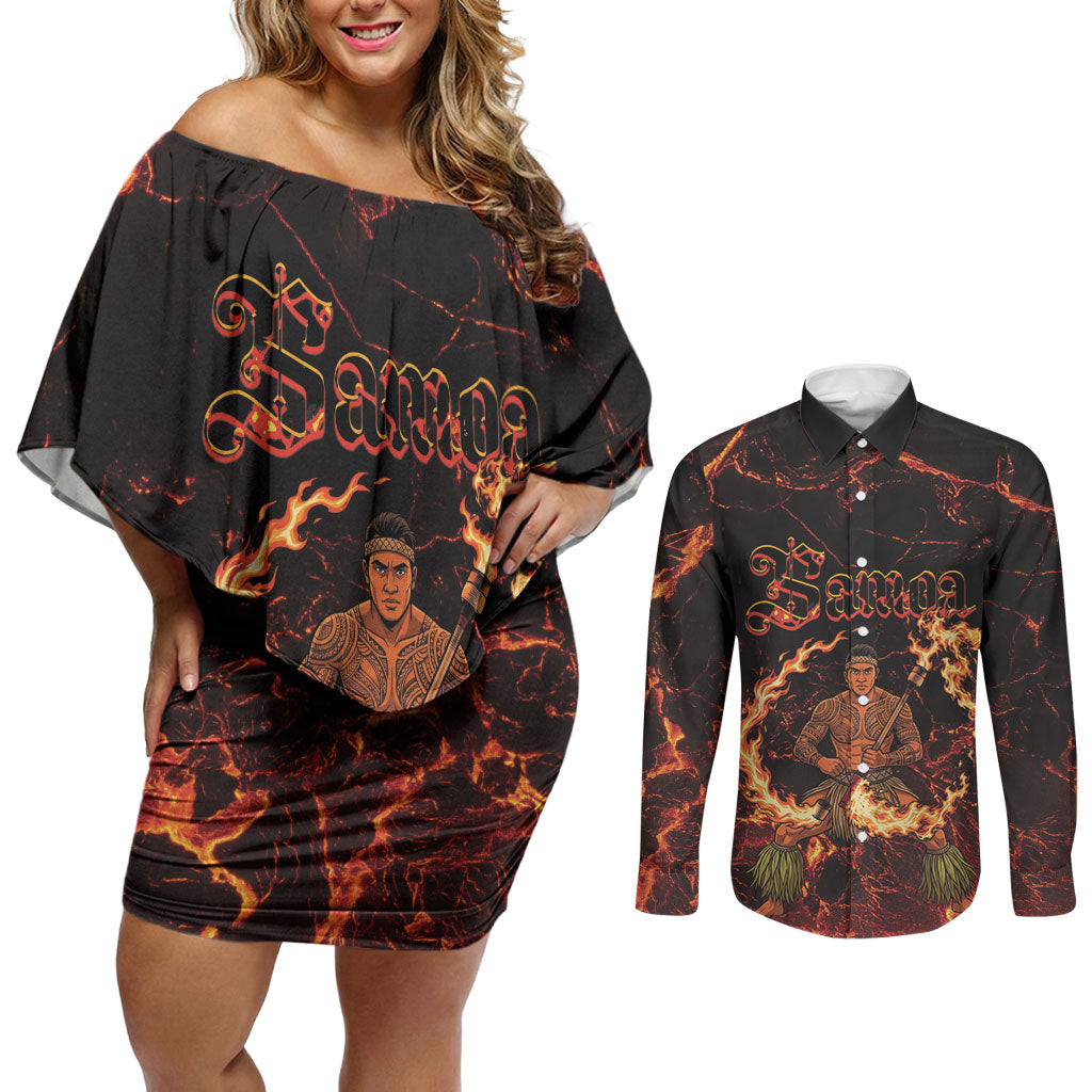 Samoa Siva Afi Dance Fireknife Couples Matching Off Shoulder Short Dress and Long Sleeve Button Shirt Polynesian Heritage Fire Dance