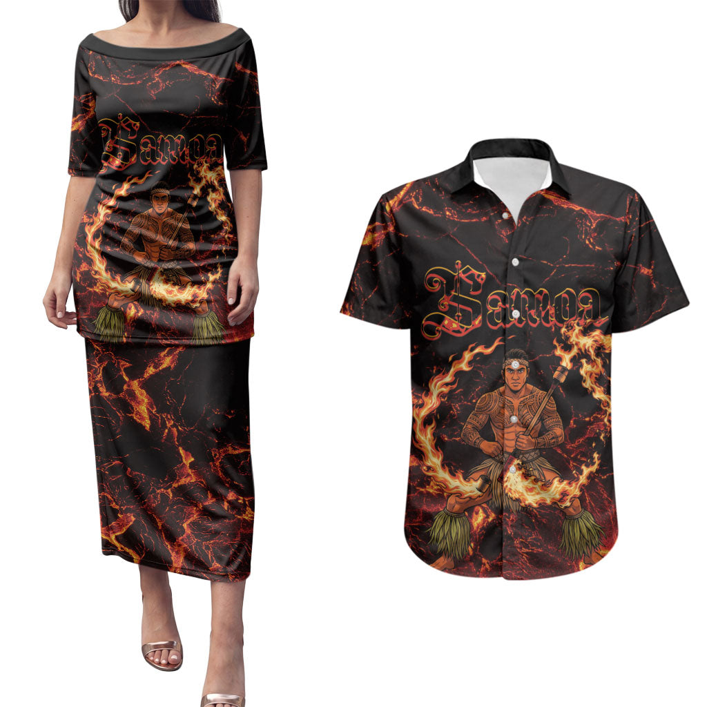 Samoa Siva Afi Dance Fireknife Couples Matching Puletasi and Hawaiian Shirt Polynesian Heritage Fire Dance