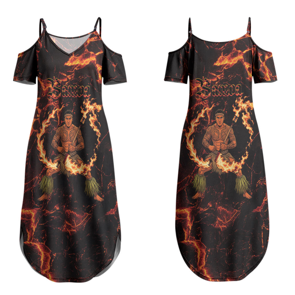 Samoa Siva Afi Dance Fireknife Couples Matching Summer Maxi Dress and Long Sleeve Button Shirt Polynesian Heritage Fire Dance