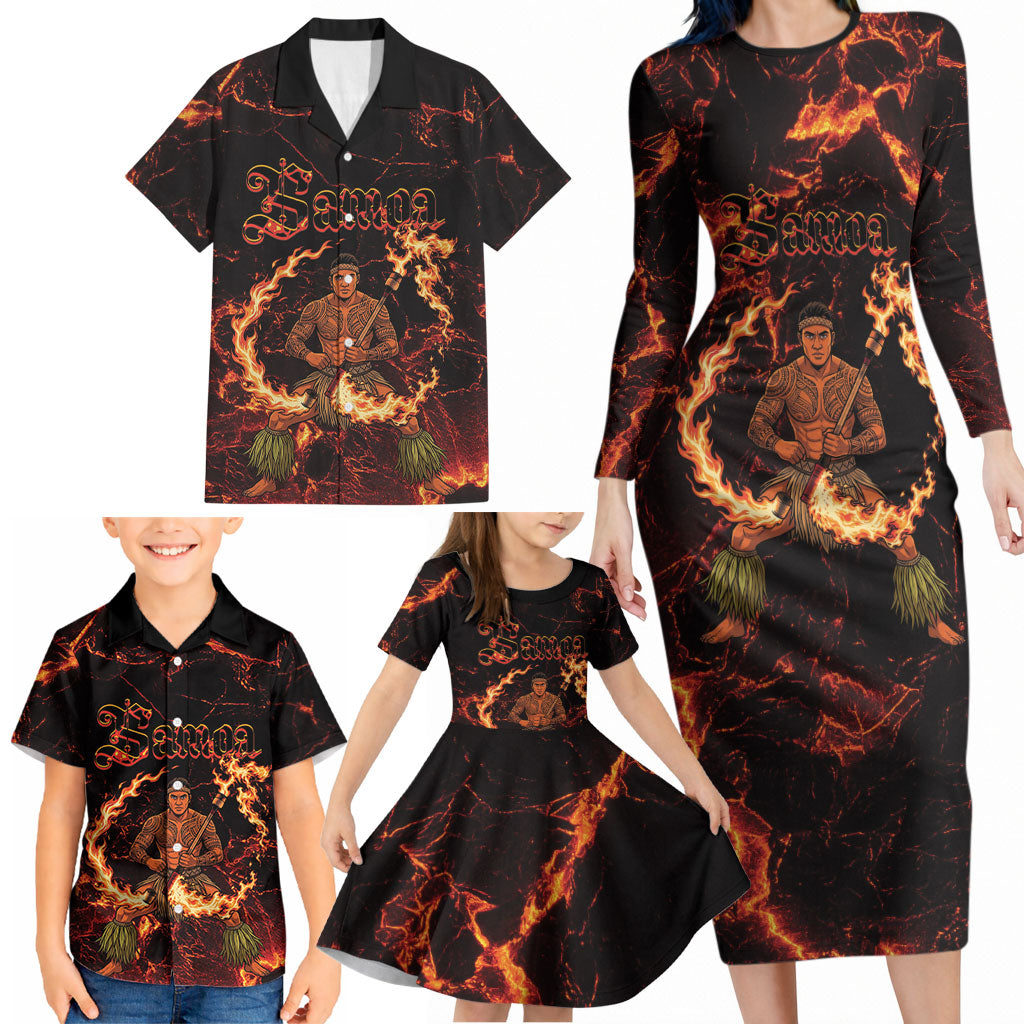 Samoa Siva Afi Dance Fireknife Family Matching Long Sleeve Bodycon Dress and Hawaiian Shirt Polynesian Heritage Fire Dance