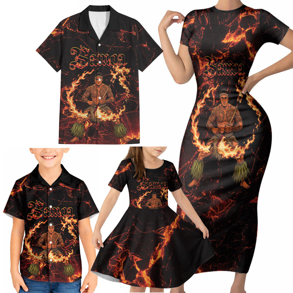 Samoa Siva Afi Dance Fireknife Family Matching Short Sleeve Bodycon Dress and Hawaiian Shirt Polynesian Heritage Fire Dance