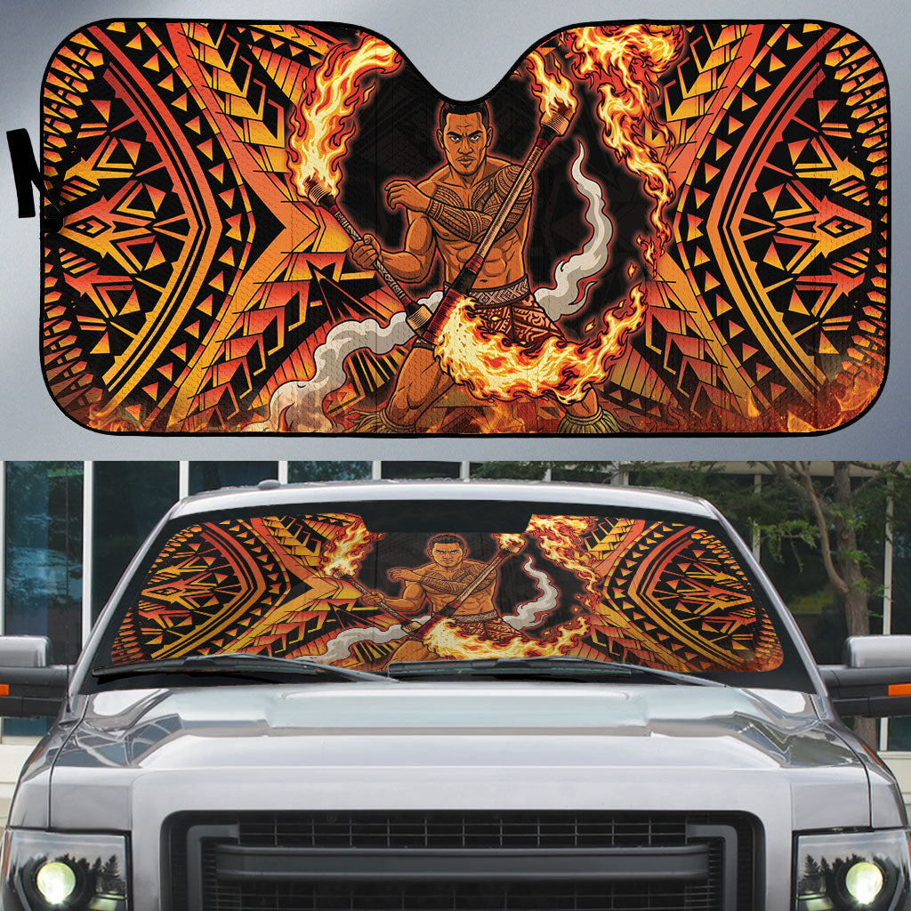 Samoa Siva Afi Dance Fireknife Auto Sun Shade Samoan Tribal Motif Dancing in the Fire