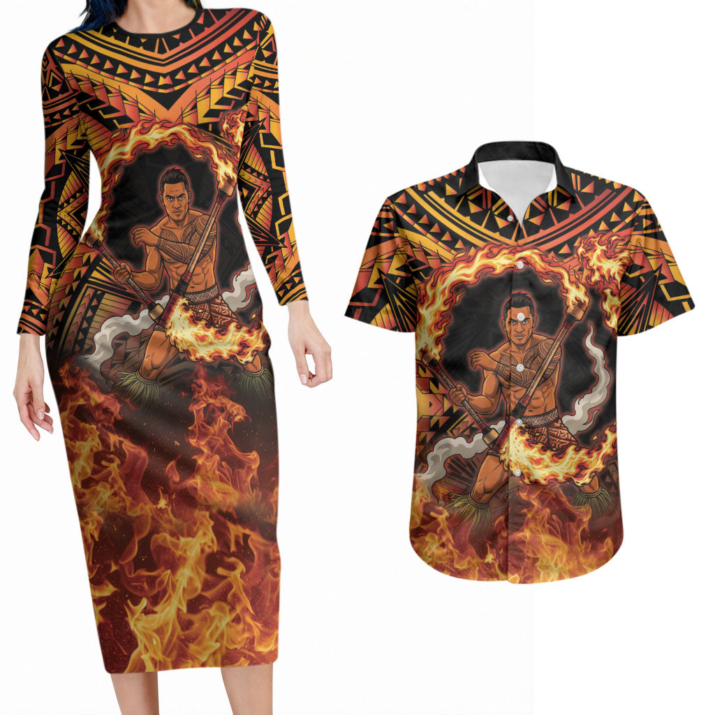 Samoa Siva Afi Dance Fireknife Couples Matching Long Sleeve Bodycon Dress and Hawaiian Shirt Samoan Tribal Motif Dancing in the Fire LT9 Red - Polynesian Pride